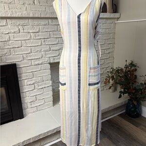 Tribal Marigold Striped Sleeveless Midi Dress with Pockets Size Large